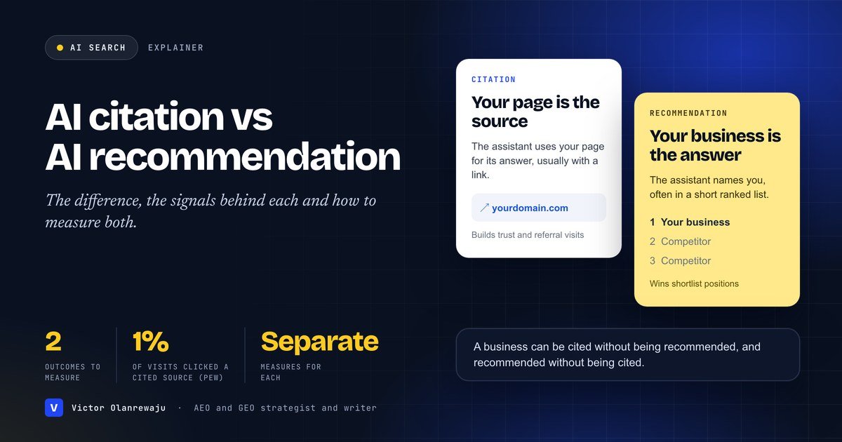 AI citation versus AI recommendation: a citation uses your page as the source, a recommendation names your business as the answer