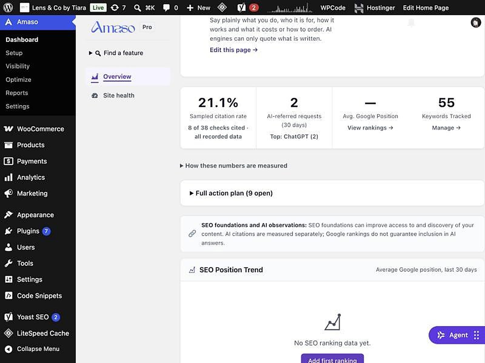 AmasoAI summary: Lens & Co by Tiara has a 21.1% sampled citation rate, 8 of 38 Claude checks, and 55 keywords tracked