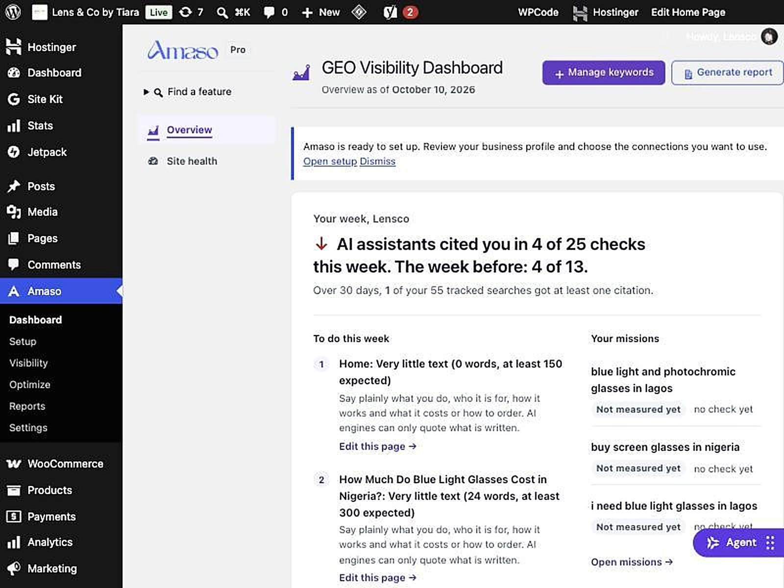 AmasoAI GEO visibility dashboard: AI assistants cited Lens & Co by Tiara in 4 of 25 checks in the week to 10 October 2026