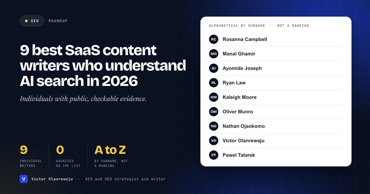 9 best SaaS content writers who understand AI search in 2026: the nine writers listed alphabetically by surname, not ranked