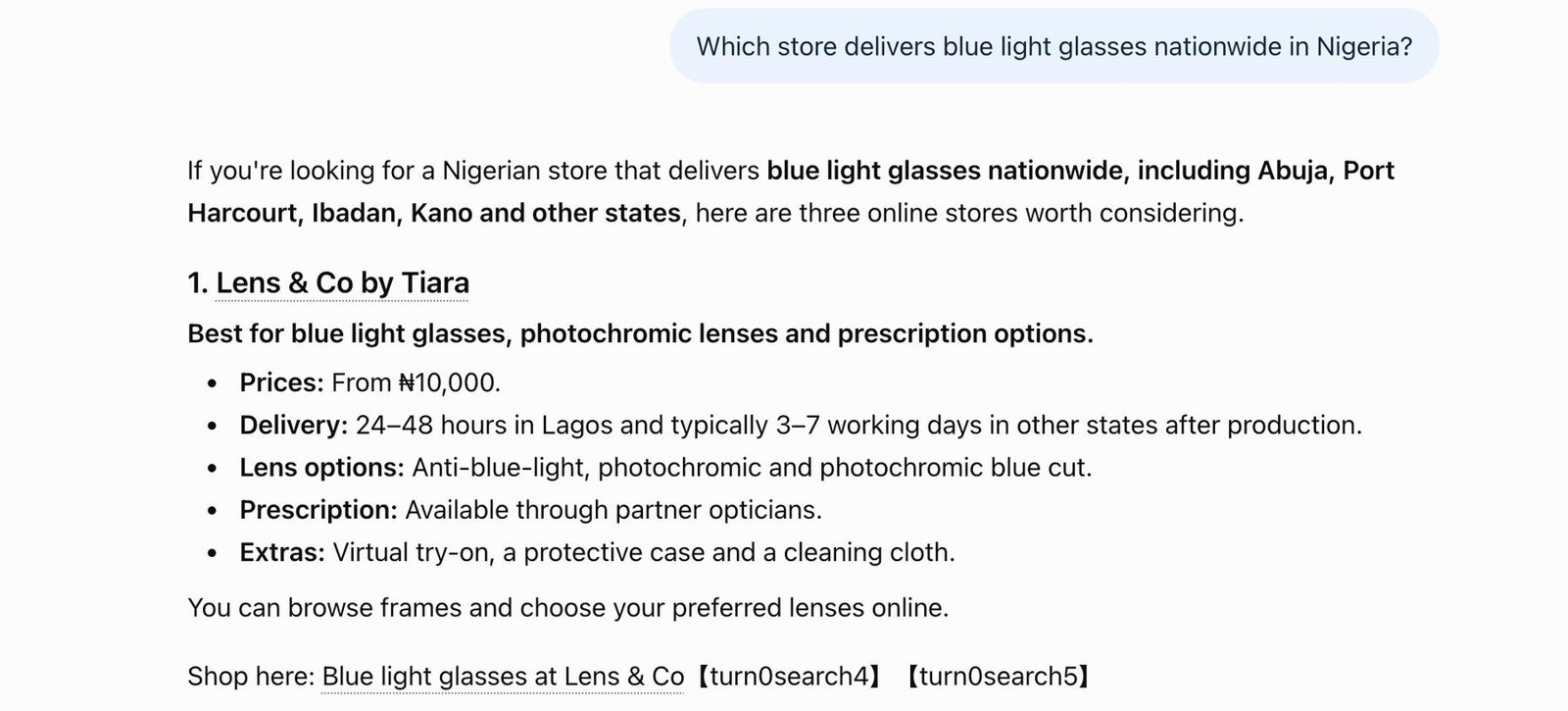 ChatGPT answer to “which store delivers blue light glasses nationwide in Nigeria” listing Lens & Co by Tiara first of three