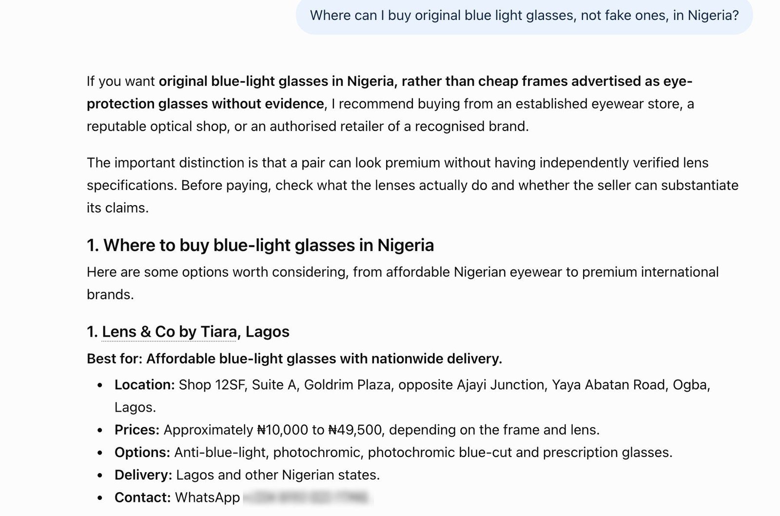 ChatGPT answer to “where can I buy original blue light glasses, not fake ones, in Nigeria” listing Lens & Co by Tiara first