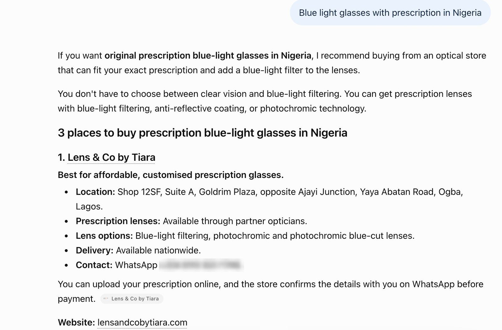 ChatGPT answer to “blue light glasses with prescription in Nigeria” listing Lens & Co by Tiara first of three places