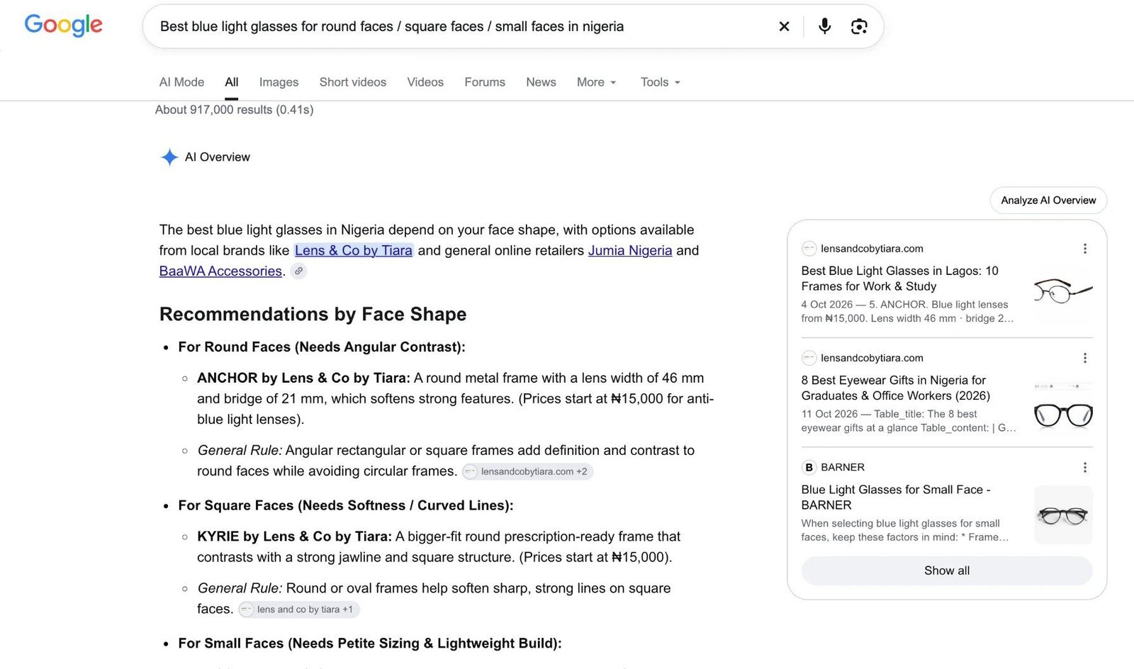 Google AI Overview recommending Lens & Co by Tiara’s ANCHOR and KYRIE frames for round and square faces in Nigeria