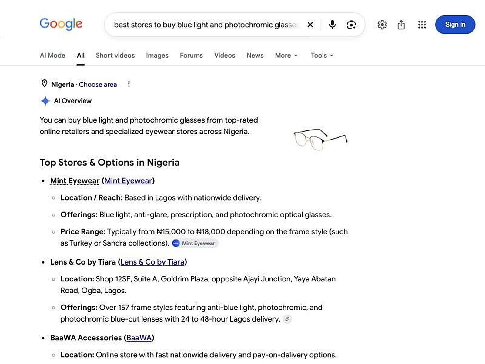 Google AI Overview for the best stores to buy blue light and photochromic glasses in Nigeria listing Lens & Co by Tiara second