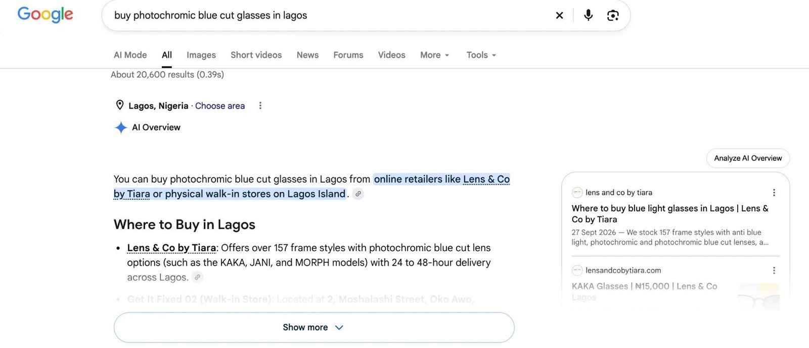 Google AI Overview naming Lens & Co by Tiara the first retailer for photochromic blue cut glasses in Lagos