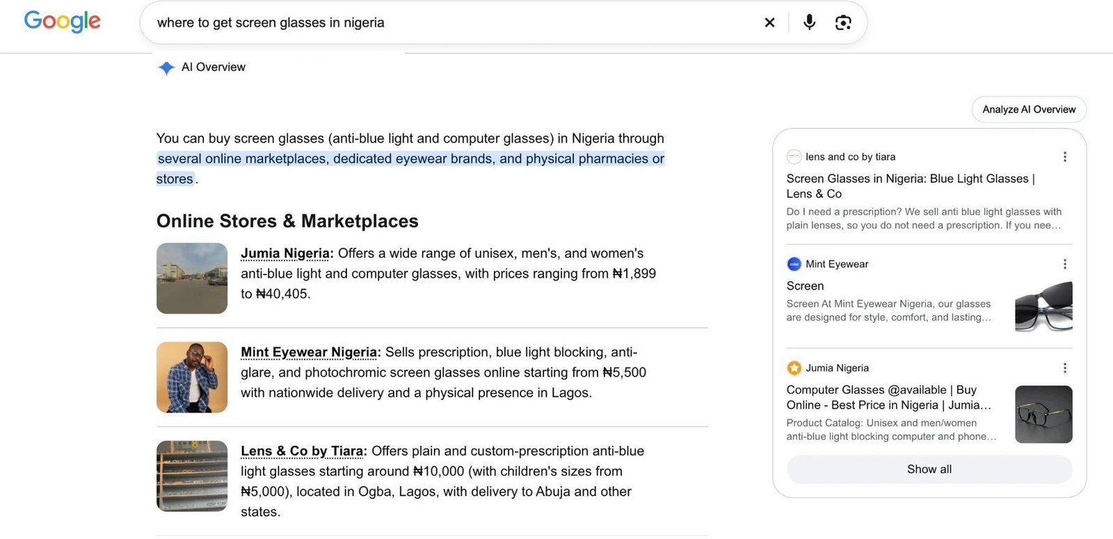 Google AI Overview for where to get screen glasses in Nigeria listing Lens & Co by Tiara, with its guide as first source