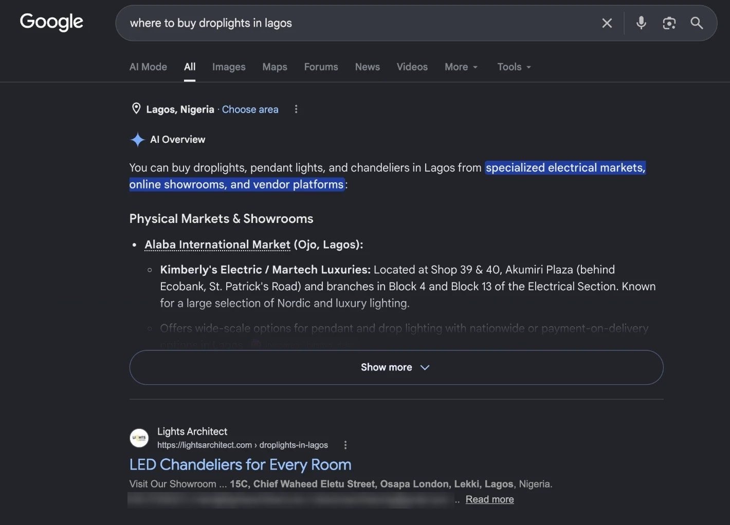 Google results for “where to buy droplights in Lagos” with the LAGE Lightings (Lights Architect) droplights page first