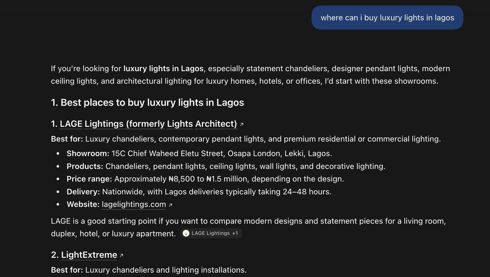 ChatGPT answer to “where can I buy luxury lights in Lagos” listing LAGE Lightings (formerly Lights Architect) first